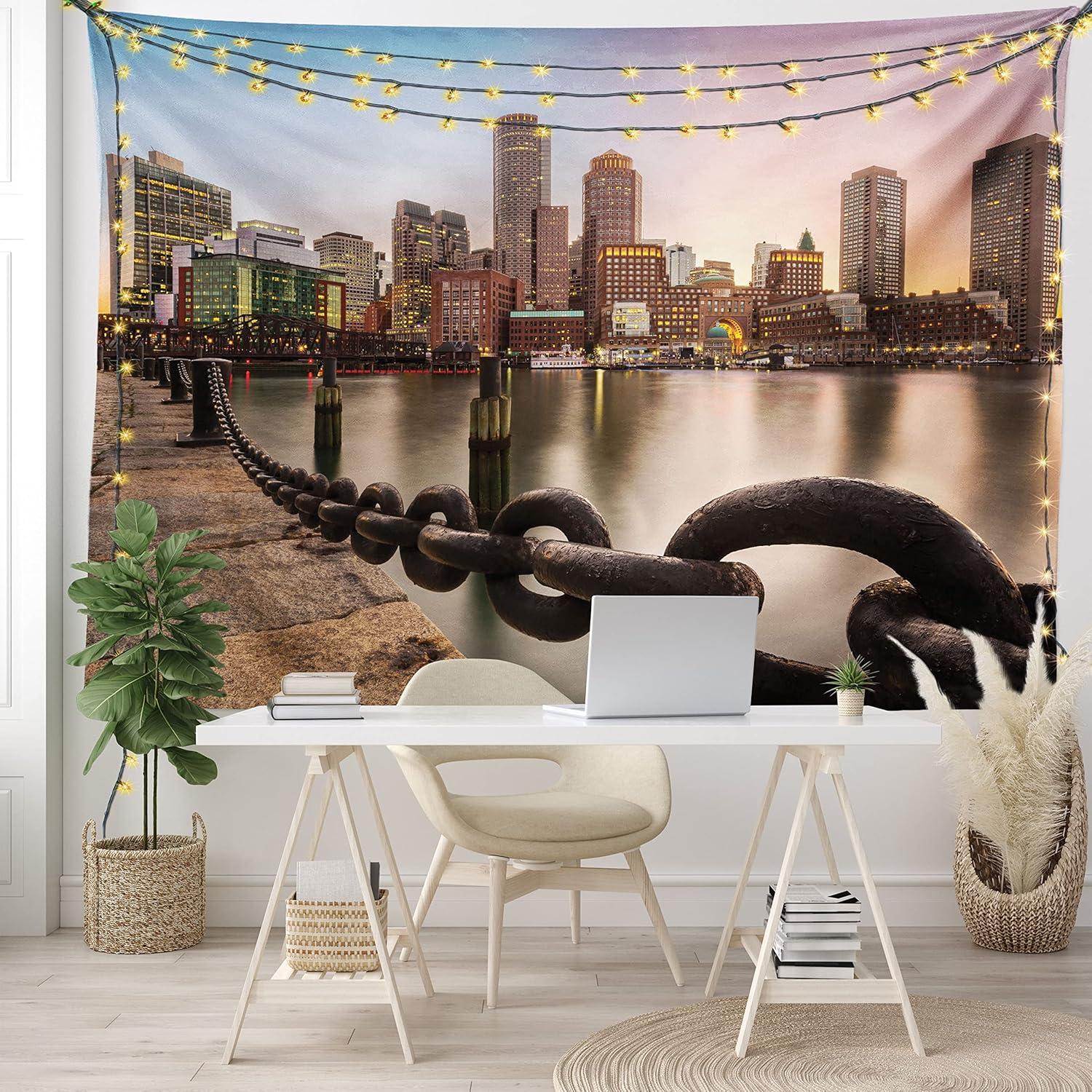 imageAmbesonne Massachusetts Tapestry Fan Pier Park with Boston City Skyline Modern Urban Life Themed Design Print Wide Wall Hanging for Bedroom Living Room Dorm 80 X 60 Multicolor