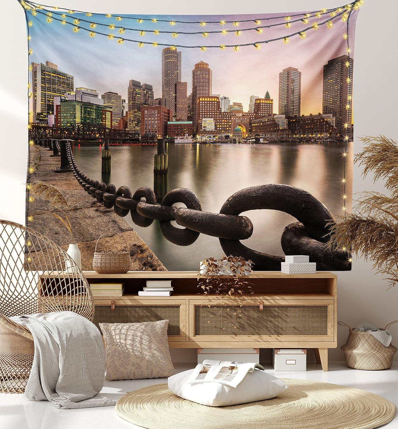 imageAmbesonne Massachusetts Tapestry Fan Pier Park with Boston City Skyline Modern Urban Life Themed Design Print Wide Wall Hanging for Bedroom Living Room Dorm 80 X 60 Multicolor