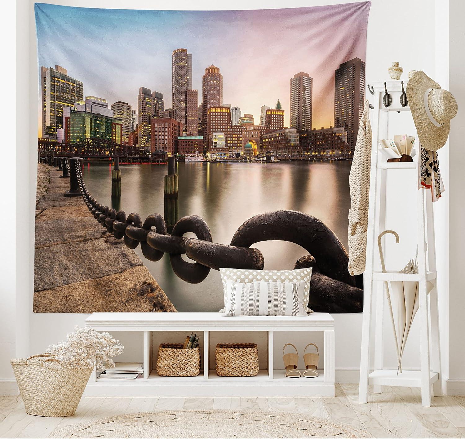 imageAmbesonne Massachusetts Tapestry Fan Pier Park with Boston City Skyline Modern Urban Life Themed Design Print Wide Wall Hanging for Bedroom Living Room Dorm 80 X 60 Multicolor