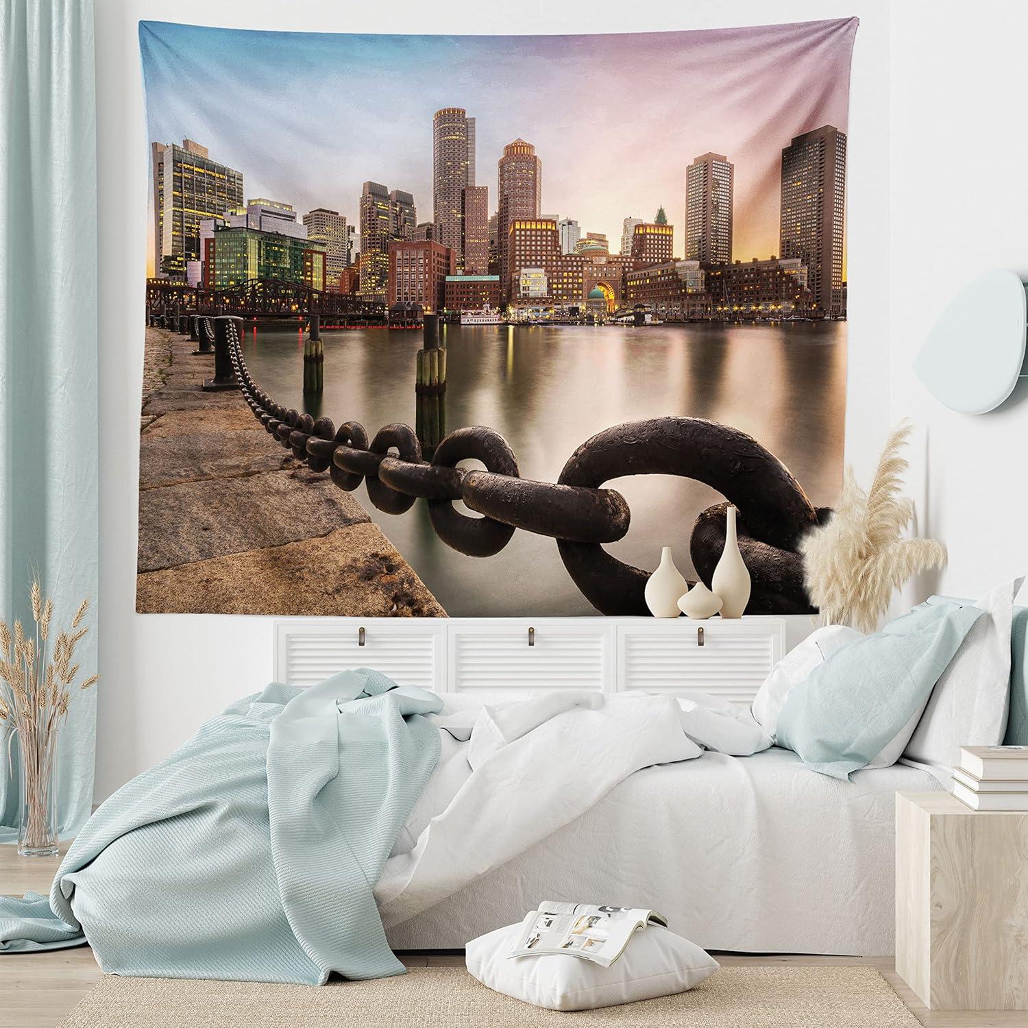 imageAmbesonne Massachusetts Tapestry Fan Pier Park with Boston City Skyline Modern Urban Life Themed Design Print Wide Wall Hanging for Bedroom Living Room Dorm 80 X 60 Multicolor