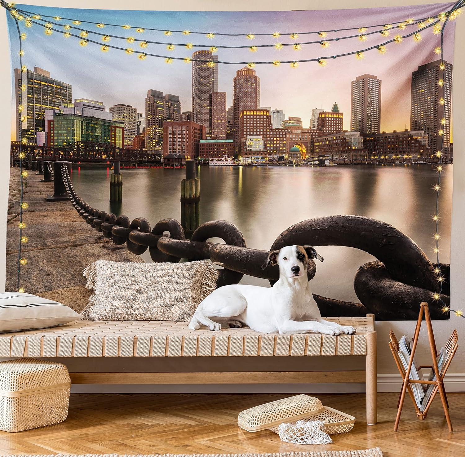 imageAmbesonne Massachusetts Tapestry Fan Pier Park with Boston City Skyline Modern Urban Life Themed Design Print Wide Wall Hanging for Bedroom Living Room Dorm 80 X 60 Multicolor