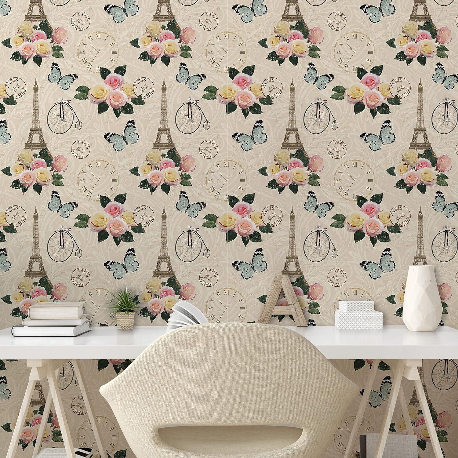 imageAmbesonne Modern Peel amp Stick Wallpaper for Home French Eiffel Tower Shabby Form Style Garden Roses Butterfly Flowers Leaves Art SelfAdhesive Living Room Kitchen Accent 13 x 100 Ecru