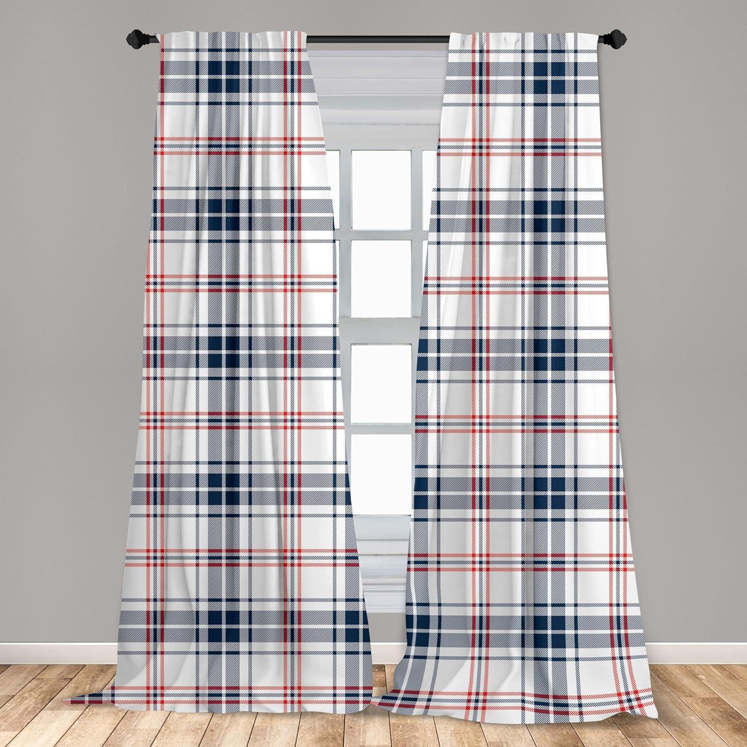 imageAmbesonne Plaid Curtains Traditional Checkered British Country Pattern with Geometric Design Window Treatments 2 Panel Set for Living Room Bedroom Pair of 28 x 84 Vermilion Navy