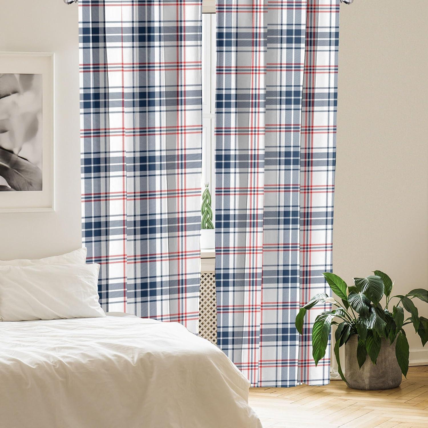 imageAmbesonne Plaid Curtains Traditional Checkered British Country Pattern with Geometric Design Window Treatments 2 Panel Set for Living Room Bedroom Pair of 28 x 84 Vermilion Navy
