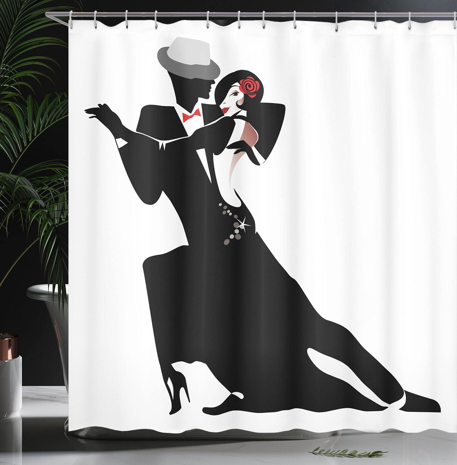imageAmbesonne Retro Shower Curtain Man and Woman Partners Romantic Dance Tango Waltz Lovers in Rhythmic Music Art Print Cloth Fabric Bathroom Decor Set with Hooks 69 W x 70 L White Black