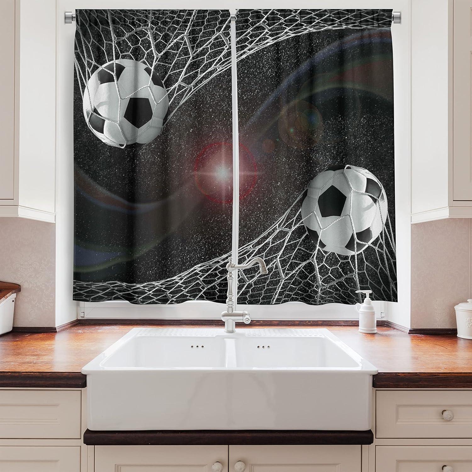 imageAmbesonne Teen Room Kitchen Curtains Soccer Balls Goal Match Success Concept in The Outer Space Winner Glory Theme Window Drapes 2 Panel Set for Kitchen Cafe Decor 55 x 39 Black Magenta