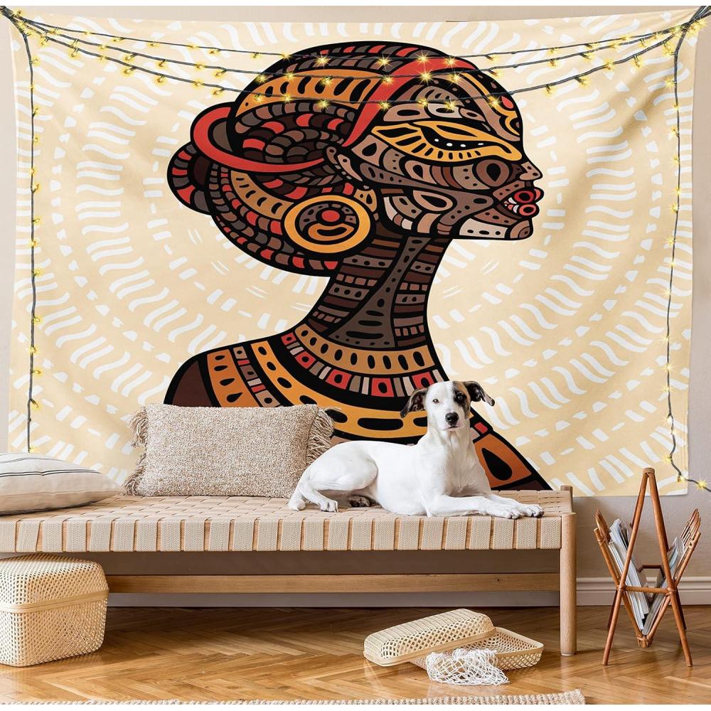 imageAmbesonne African Tapestry Hand Drawn Illustration Profile Portrait Ornaments Folk Art Wide Wall Hanging for Bedroom Living Room Dorm 60 X 40 Cream Brown