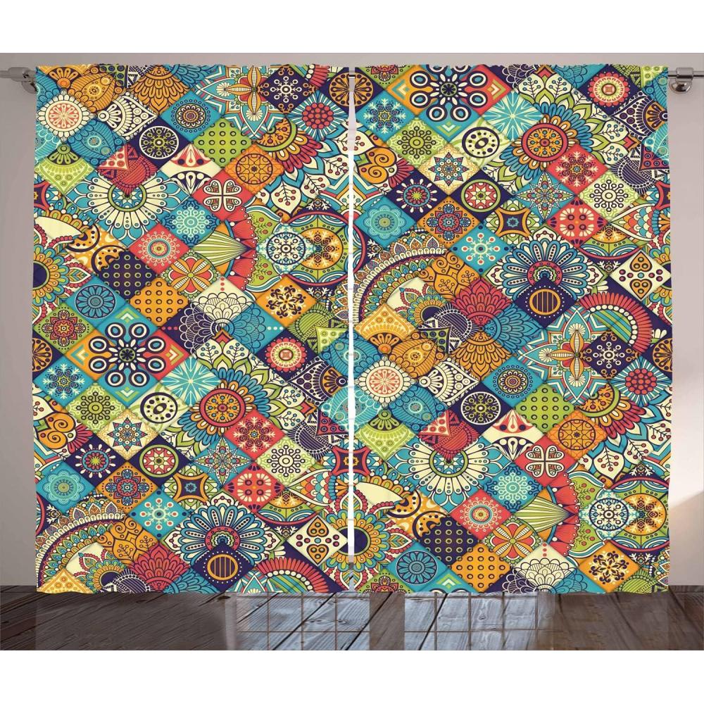 imageAmbesonne Bohemian Curtains Geometric Pattern Ornamental Floral Folk Art Abstract Living Room Bedroom Window Drapes 2 Panel Set 108 X 84 Blue Cream