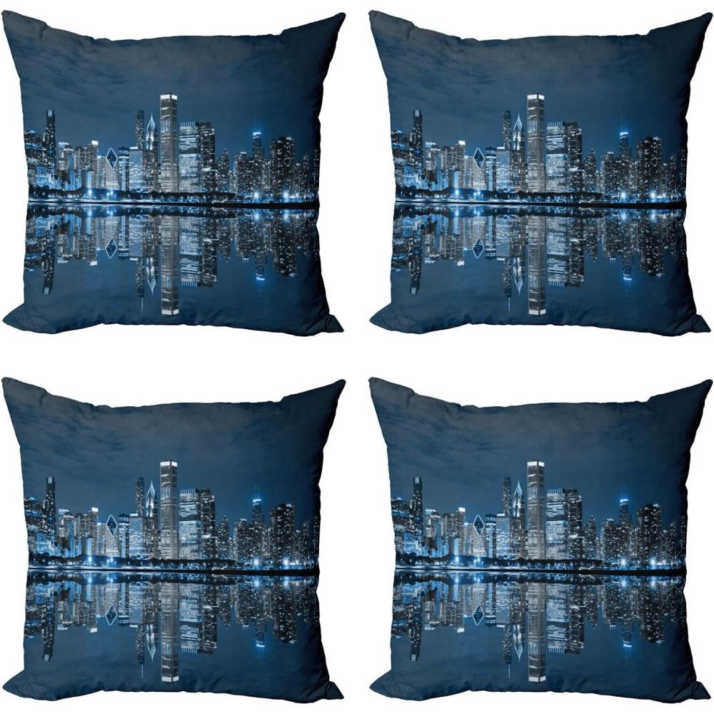 imageAmbesonne Chicago Skyline Decorative Throw Pillow Case Pack of 4 Sleeping City Dramatic Urban Resting Popular American Lake Picture Cushion Cover for Couch Living Room Car 20 Night Blue Grey