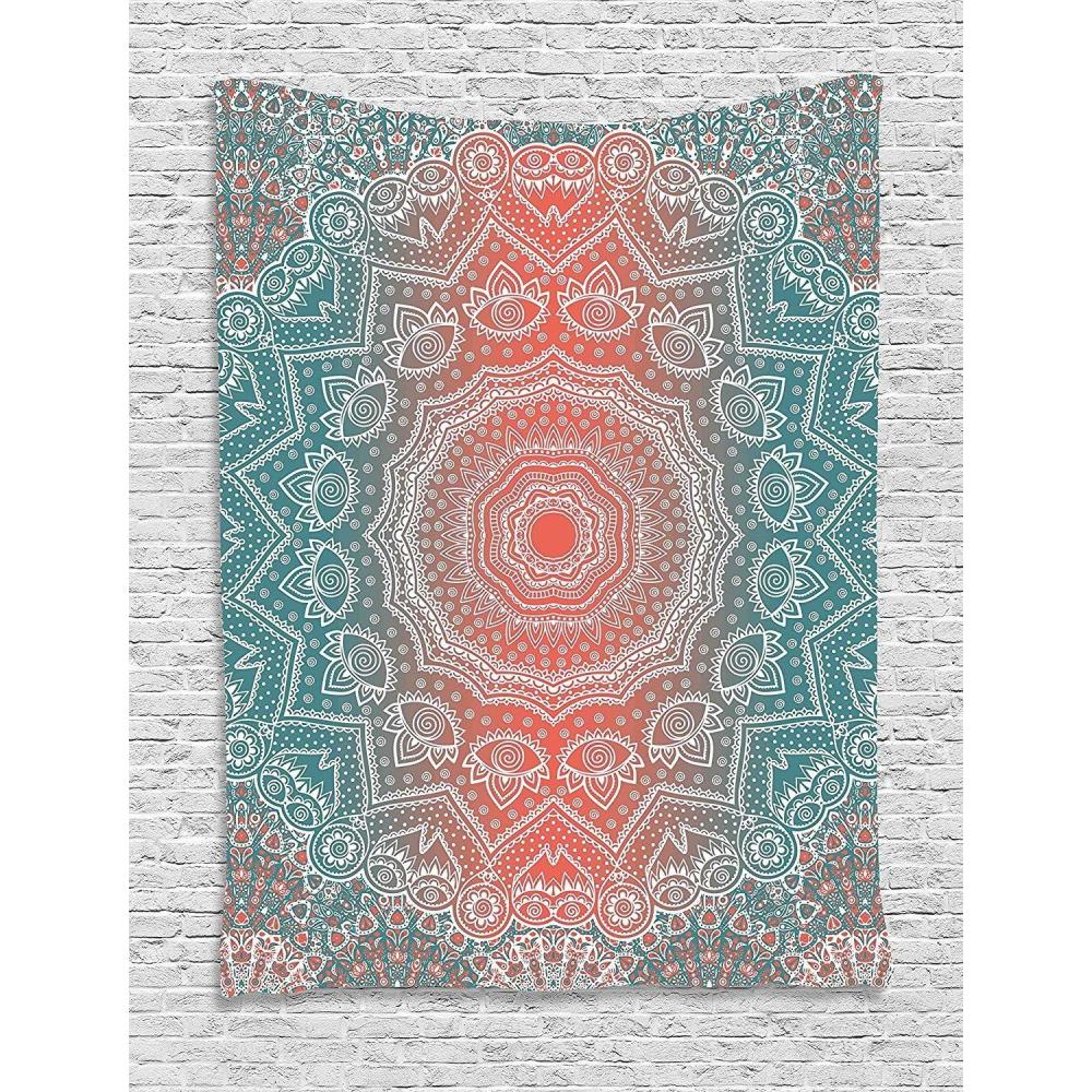imageAmbesonne Coral and Teal Tapestry Modern Tribal Mandala Tibetan Healing Motif with Floral Geometric Ombre Art Wall Hanging for Bedroom Living Room Dorm Decor 60 X 80 Coral Teal