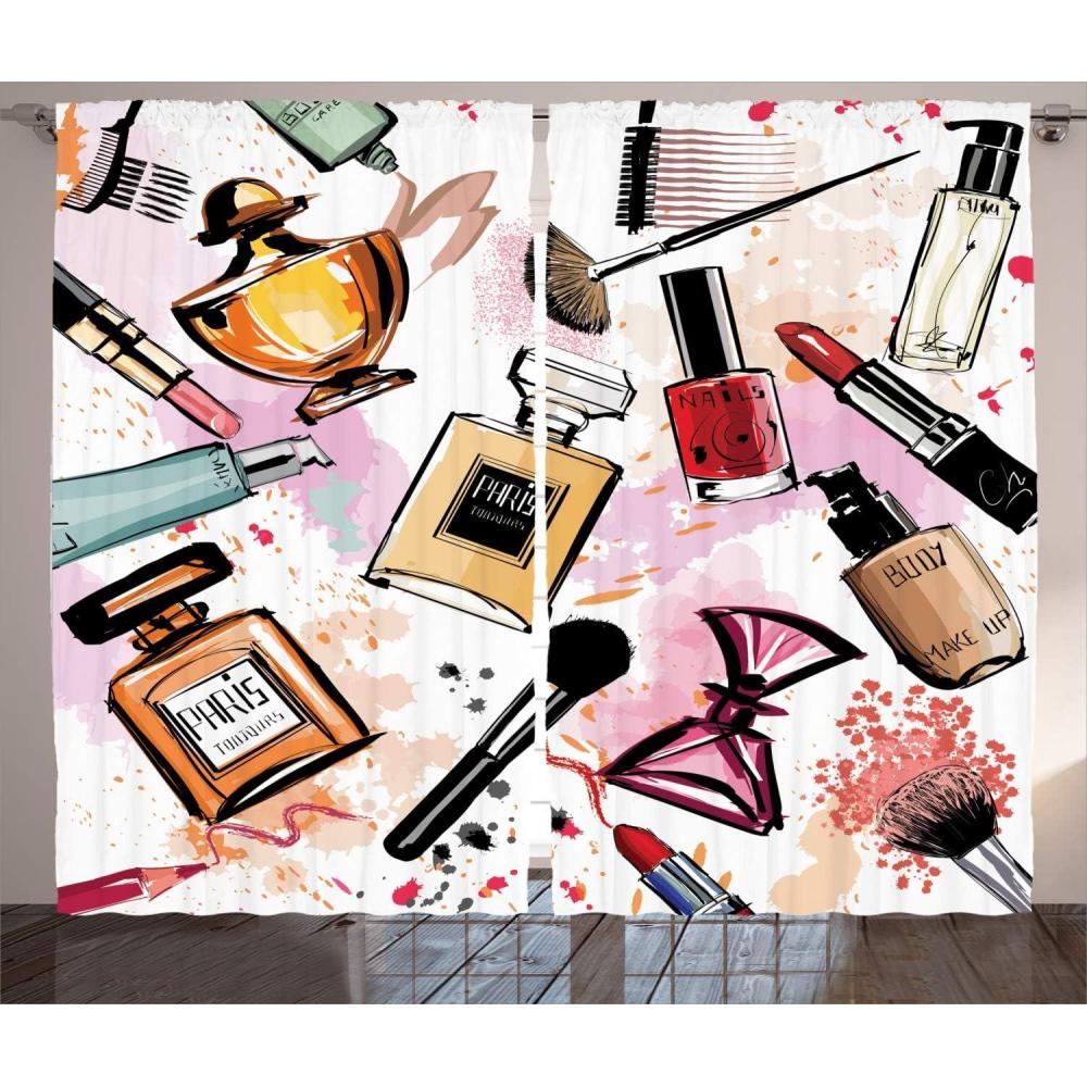 imageAmbesonne Fashion Curtains Cosmetic and Makeup Theme Pattern Perfume Lipstick Nail Polish Brush Modern Living Room Bedroom Window Drapes 2 Panel Set 108 X 84 Coral White