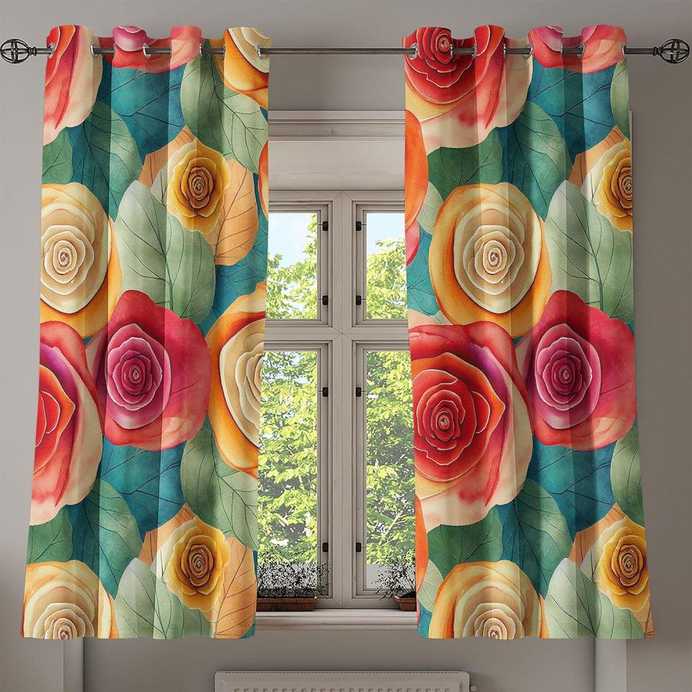 imageAmbesonne Floral Grommet Curtain Colorful Bold Roses and Leaves in Watercolor Style Nostalgic Vibes Decorative Single Panel Drapes for Bedroom Living Room 50 x 54 Marigold Dark Coral and Teal