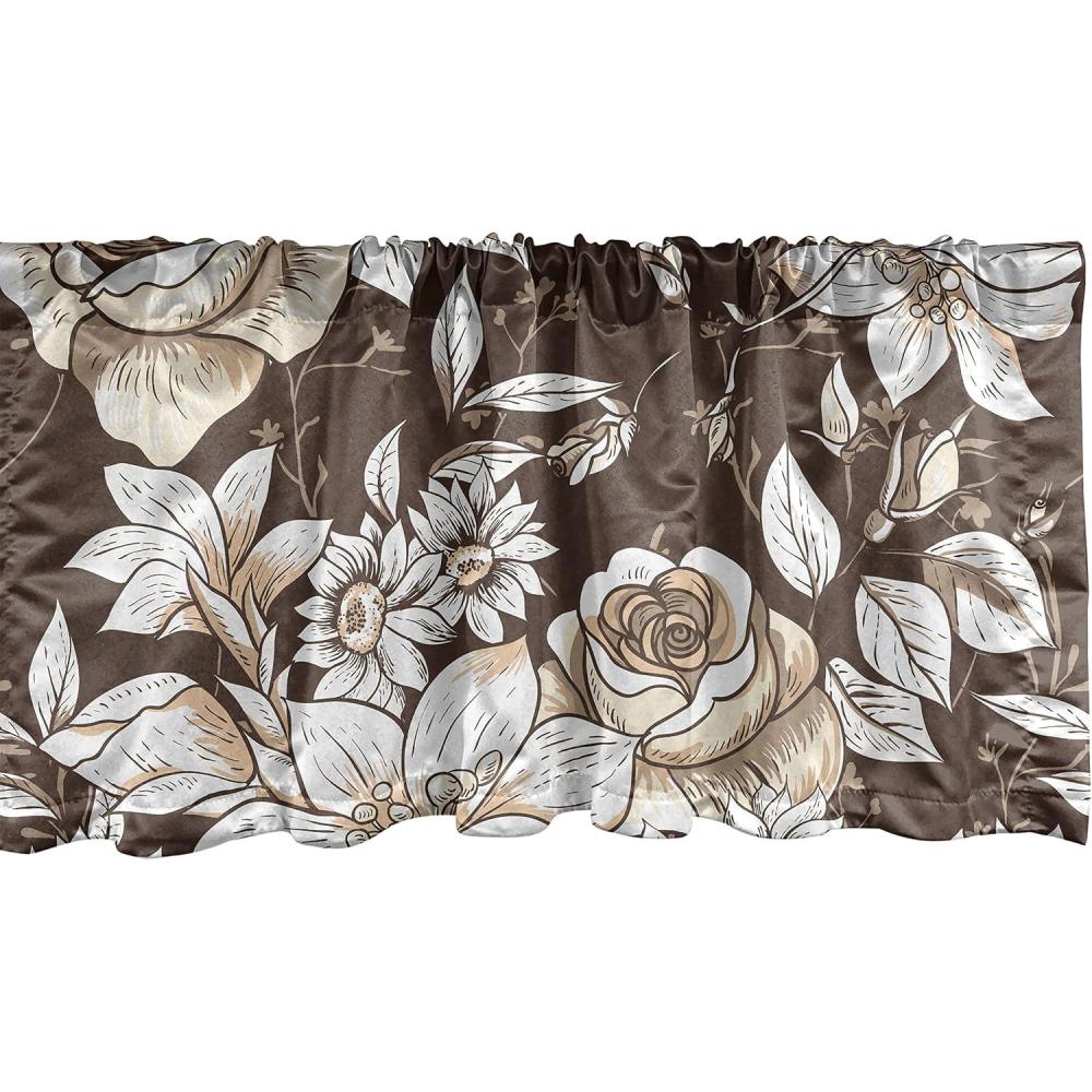 imageAmbesonne Garden Scene Window Valance Neutral Traditional Roses and Floral Pattern Boho Romance Print Curtain Valance for Kitchen Bedroom Decor with Rod Pocket 54 X 18 Cream White Dark SepiaCream White Dark Sepia
