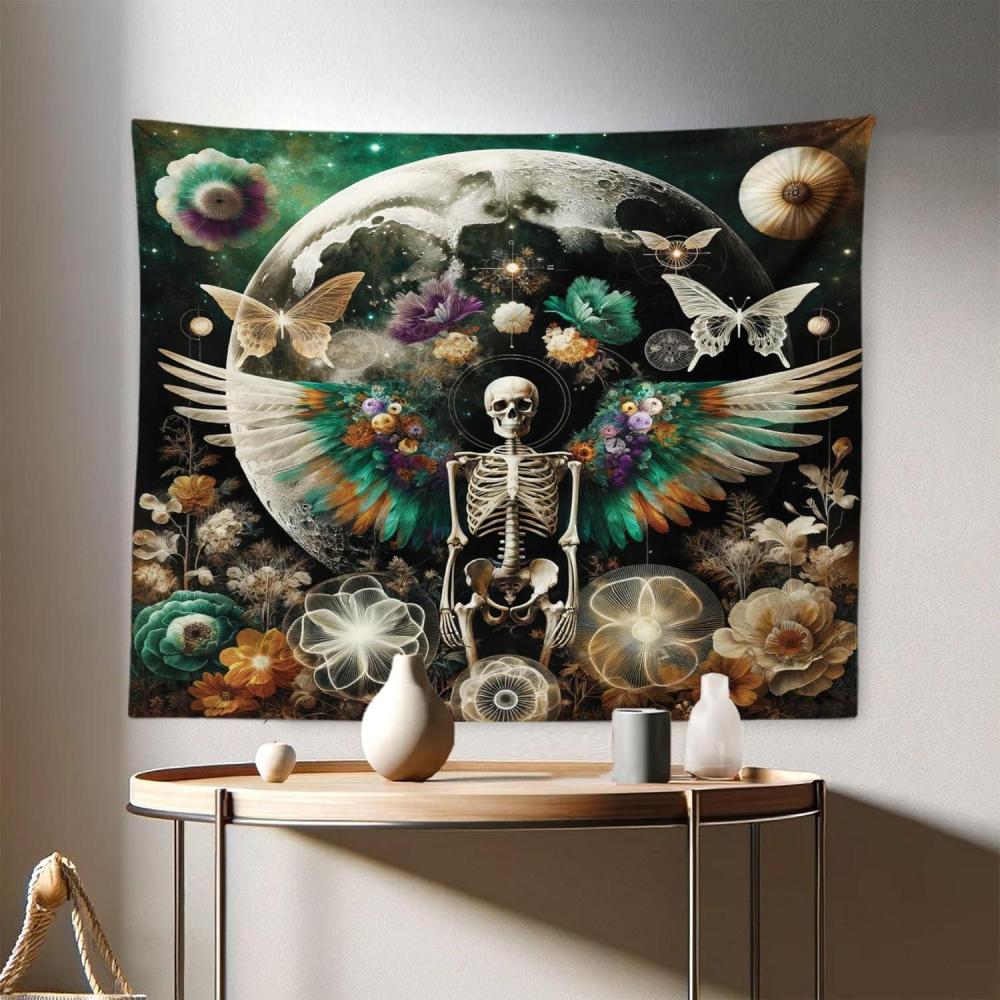 imageAmbesonne Hippie Tapestry Modern Goth Scene of Wingy Skeleton Moon and Roundy Flowers Boho Dreamy Fabric Wall Hanging Decor for Bedroom Living Room Dorm 28 X 23 Eggshell Shamrock GreenEggshell Shamrock Green