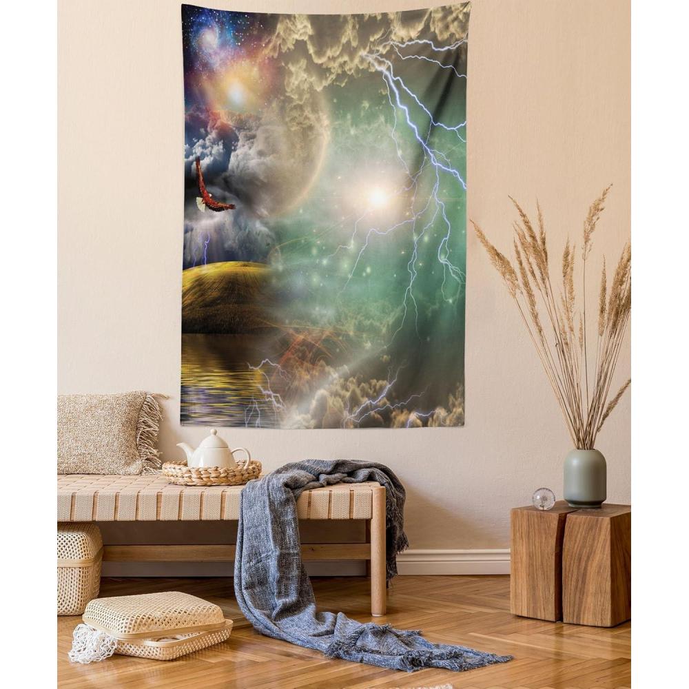 imageAmbesonne Hippie Tapestry Modern Goth Scene of Wingy Skeleton Moon and Roundy Flowers Boho Dreamy Fabric Wall Hanging Decor for Bedroom Living Room Dorm 28 X 23 Eggshell Shamrock GreenPurple Yellow