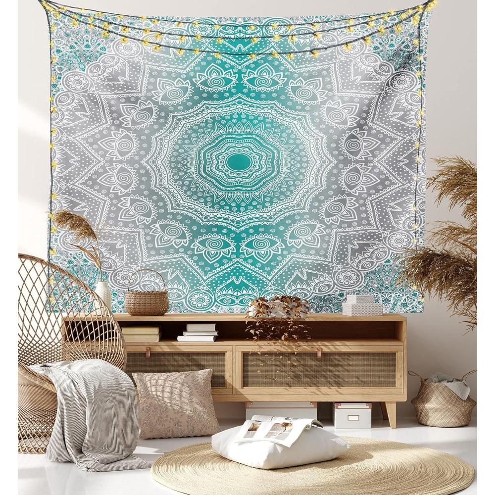 imageAmbesonne Hippie Tapestry Modern Goth Scene of Wingy Skeleton Moon and Roundy Flowers Boho Dreamy Fabric Wall Hanging Decor for Bedroom Living Room Dorm 28 X 23 Eggshell Shamrock GreenTeal and Grey