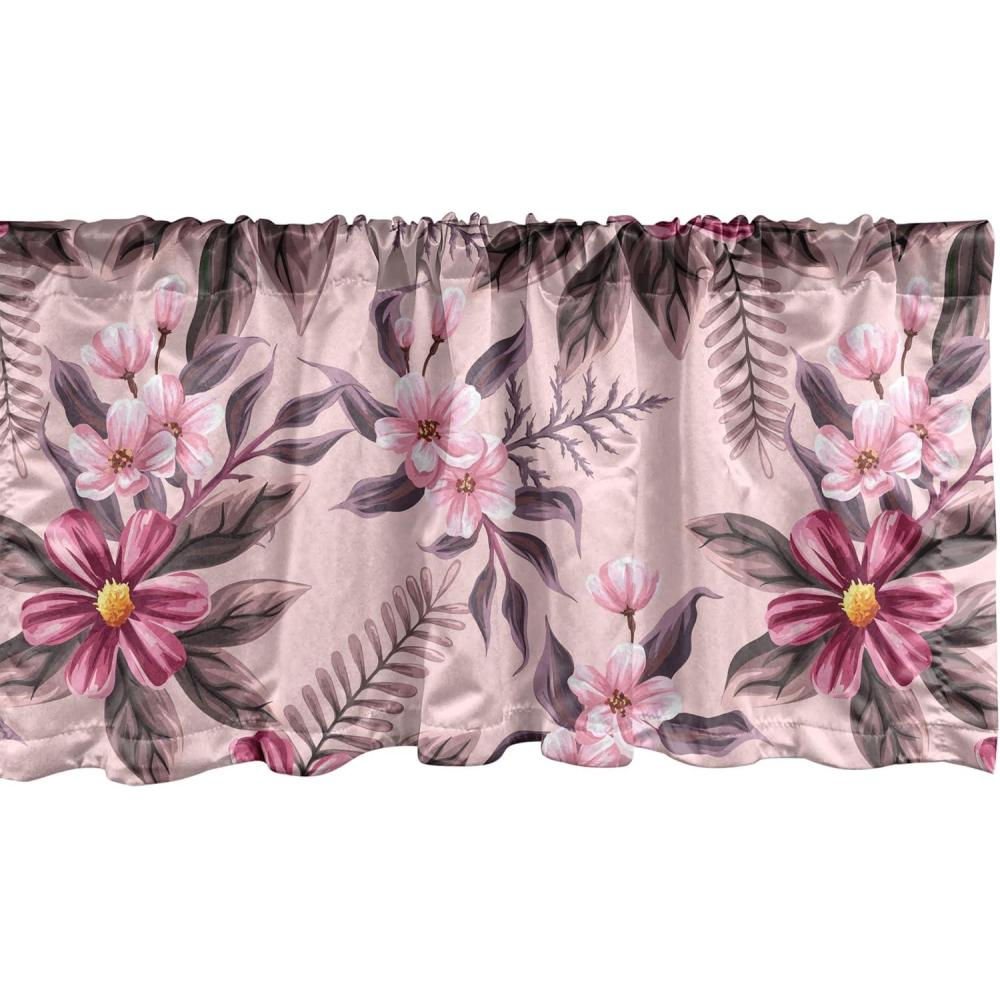 imageAmbesonne Leaves Greenery Window Valance Tropical Leaf Pattern with Neutral Colors Boho on Grunge Rustic Back Curtain Valance for Kitchen Bedroom Decor with Rod Pocket 54 X 12 Olive Green TaupePale Pink Magenta