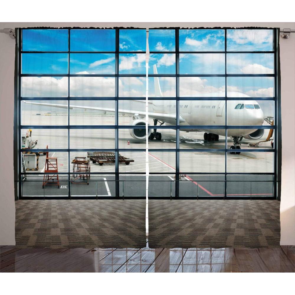 imageAmbesonne Modern Curtains China Shangai Airport with Big Jet Plane Traveller Photograph Art Print Living Room Bedroom Window Drapes 2 Panel Set 108 X 84 Sky Blue and White