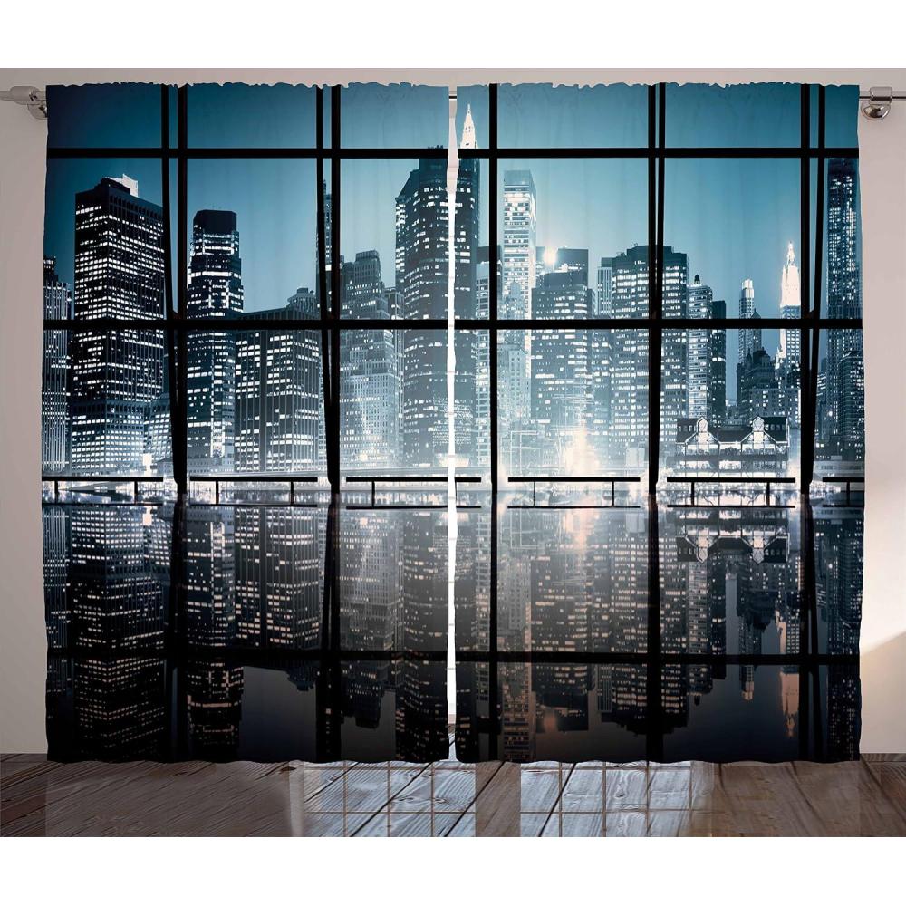 imageAmbesonne Modern Curtains Modern New York City Scenery at Night with Skyscrapers Buildings Print Living Room Bedroom Window Drapes 2 Panel Set 108 X 63 Black Blue