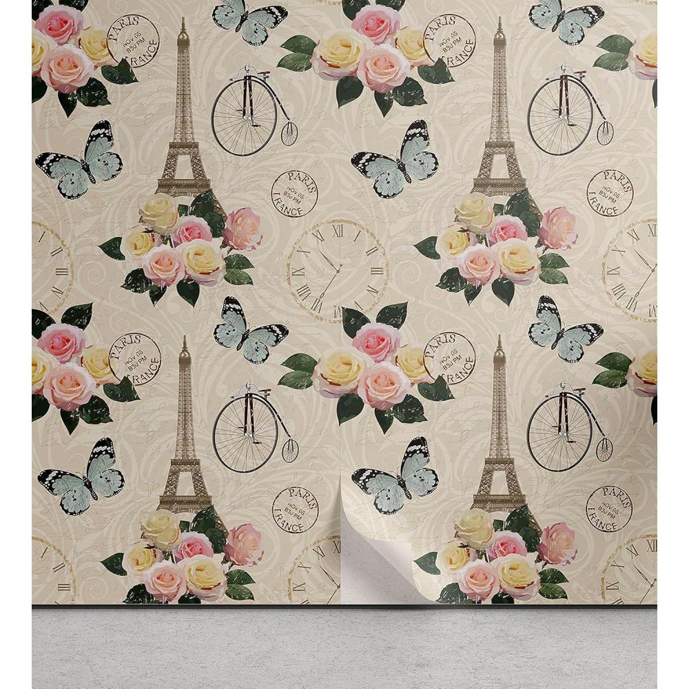 imageAmbesonne Modern Peel amp Stick Wallpaper for Home French Eiffel Tower Shabby Form Style Garden Roses Butterfly Flowers Leaves Art SelfAdhesive Living Room Kitchen Accent 13 x 100 Ecru