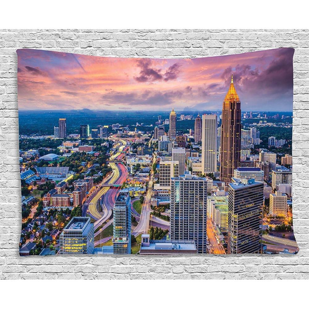 imageAmbesonne Modern Tapestry Atlanta City Skyline at Sunset with Syk Georgia Town American View Wide Wall Hanging for Bedroom Living Room Dorm 80 X 60 Baby Pink Blue Grey