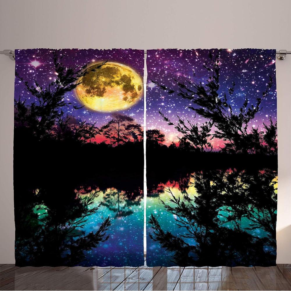 imageAmbesonne Purple Curtains Lake Moonlight Stars in Night Sky with Trees Contemporary Modern Design Living Room Bedroom Window Drapes 2 Panel Set 108 X 84 Dark Colors