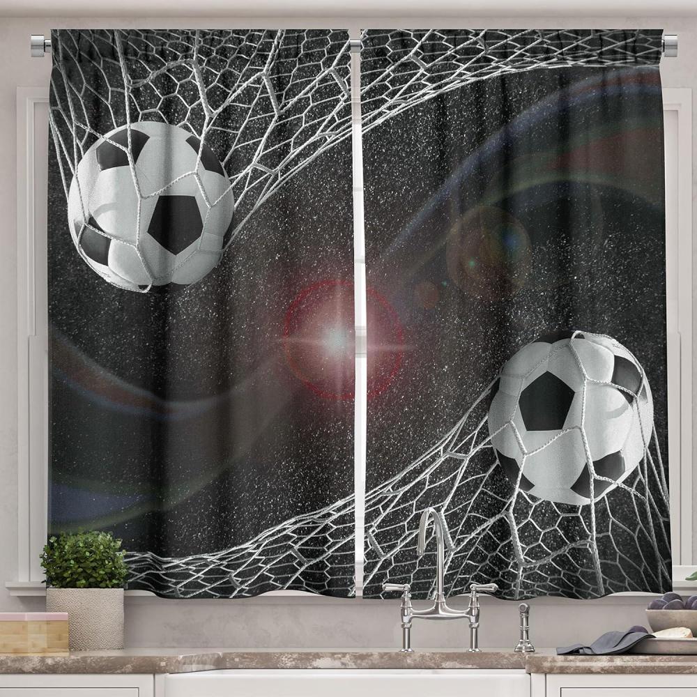 imageAmbesonne Teen Room Kitchen Curtains Soccer Balls Goal Match Success Concept in The Outer Space Winner Glory Theme Window Drapes 2 Panel Set for Kitchen Cafe Decor 55 x 39 Black Magenta