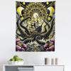 Ambesonne Hippie Tapestry, Modern Goth Scene of Wingy Skeleton Moon and Roundy Flowers Boho Dreamy, Fabric Wall Hanging Decor for Bedroom Living Room Dorm, 28″ X 23″, Eggshell Shamrock Green(Mustard Pink and Dark Grey)