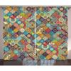 Ambesonne Bohemian Curtains, Geometric Pattern Ornamental Floral Folk Art Abstract, Living Room Bedroom Window Drapes 2 Panel Set, 108″ X 84″, Blue Cream