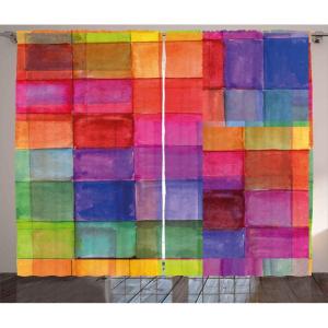 Ambesonne Abstract Curtains, Rainbow Colored Geometric Square Shaped Blurry Effects Watercolor Design, Living Room Bedroom Window Drapes 2 Panel Set, 108″ X 108″, Multicolor