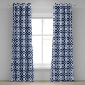 Ambesonne Blue Grommet Curtain, Traditional Portuguese Azulejo Tile Vintage Style Floral Mosaic Pattern, Decorative 2-Panel Window Drapes for Bedroom Living Room, 50″ x 84″, Pale Blue and Dark Blue