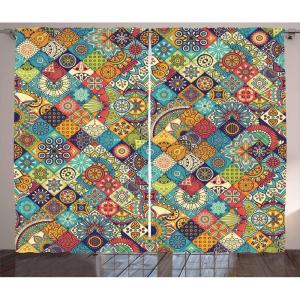 Ambesonne Bohemian Curtains, Geometric Pattern Ornamental Floral Folk Art Abstract, Living Room Bedroom Window Drapes 2 Panel Set, 108″ X 84″, Blue Cream