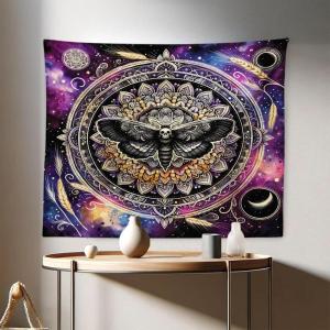 Ambesonne Hippie Tapestry, Modern Goth Scene of Wingy Skeleton Moon and Roundy Flowers Boho Dreamy, Fabric Wall Hanging Decor for Bedroom Living Room Dorm, 28″ X 23″, Eggshell Shamrock Green(Black Mustard Quartz)