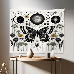 Ambesonne Hippie Tapestry, Modern Goth Scene of Wingy Skeleton Moon and Roundy Flowers Boho Dreamy, Fabric Wall Hanging Decor for Bedroom Living Room Dorm, 28″ X 23″, Eggshell Shamrock Green(Cream Dark Grey Green)