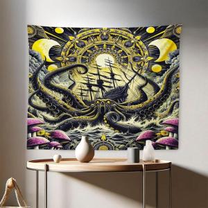 Ambesonne Hippie Tapestry, Modern Goth Scene of Wingy Skeleton Moon and Roundy Flowers Boho Dreamy, Fabric Wall Hanging Decor for Bedroom Living Room Dorm, 28″ X 23″, Eggshell Shamrock Green(Mustard Pink and Dark Grey)