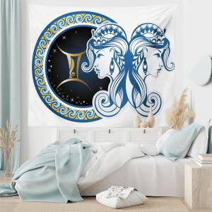 Ambesonne Hippie Tapestry, Modern Goth Scene of Wingy Skeleton Moon and Roundy Flowers Boho Dreamy, Fabric Wall Hanging Decor for Bedroom Living Room Dorm, 28″ X 23″, Eggshell Shamrock Green(Night Blue Yellow)