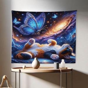 Ambesonne Hippie Tapestry, Modern Goth Scene of Wingy Skeleton Moon and Roundy Flowers Boho Dreamy, Fabric Wall Hanging Decor for Bedroom Living Room Dorm, 28″ X 23″, Eggshell Shamrock Green(Azure Blue Orange Purple)