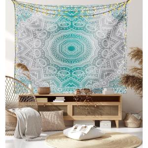 Ambesonne Hippie Tapestry, Modern Goth Scene of Wingy Skeleton Moon and Roundy Flowers Boho Dreamy, Fabric Wall Hanging Decor for Bedroom Living Room Dorm, 28″ X 23″, Eggshell Shamrock Green(Teal and Grey)