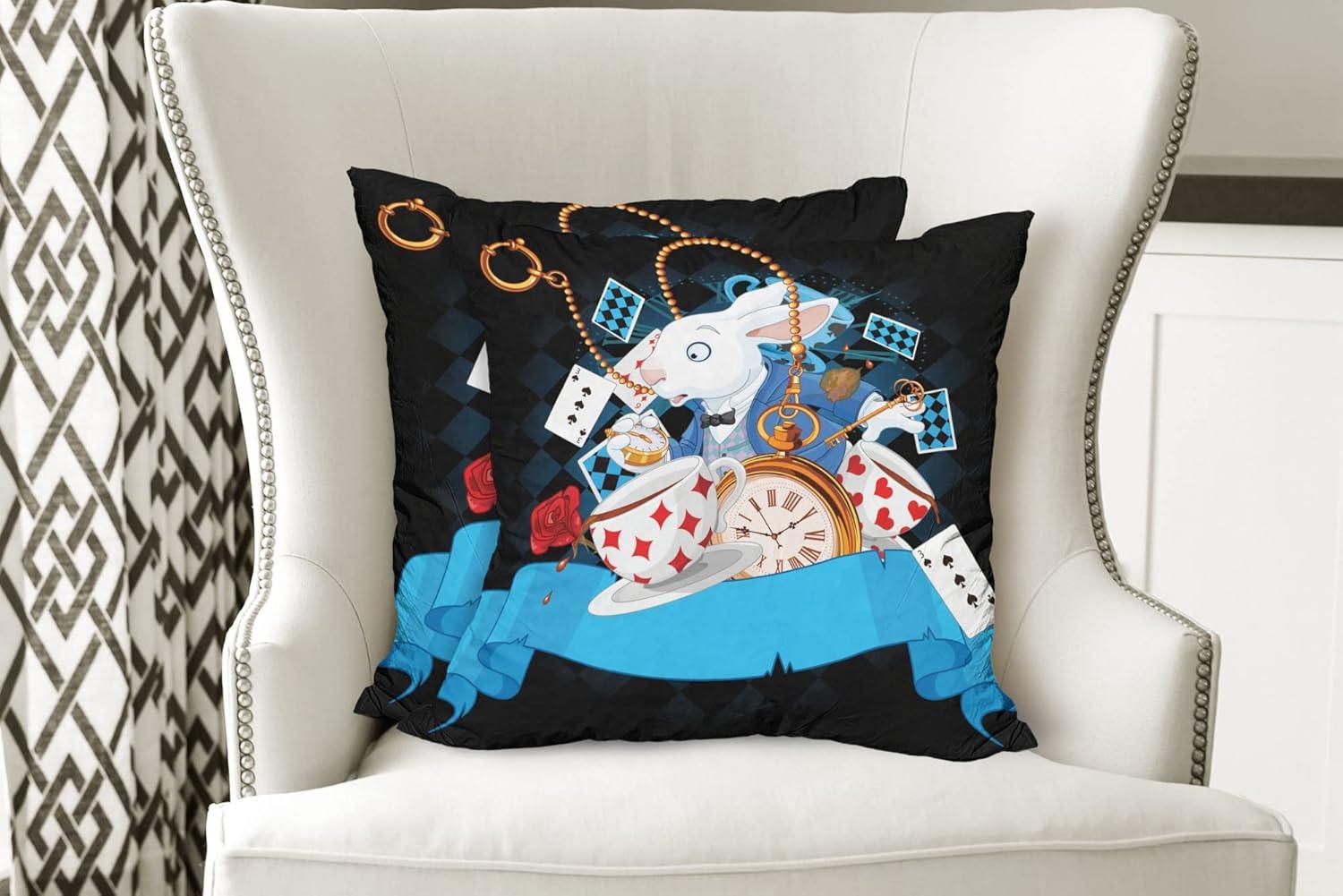 imageAmbesonne Alice in Wonderland Throw Pillow Cushion Cover Pack of 2 Rabbit Motion Cups Hearts and Flower Character Alice Cartoon Style Zippered DoubleSide Digital Print Decor 18 Black BlueBlack Blue
