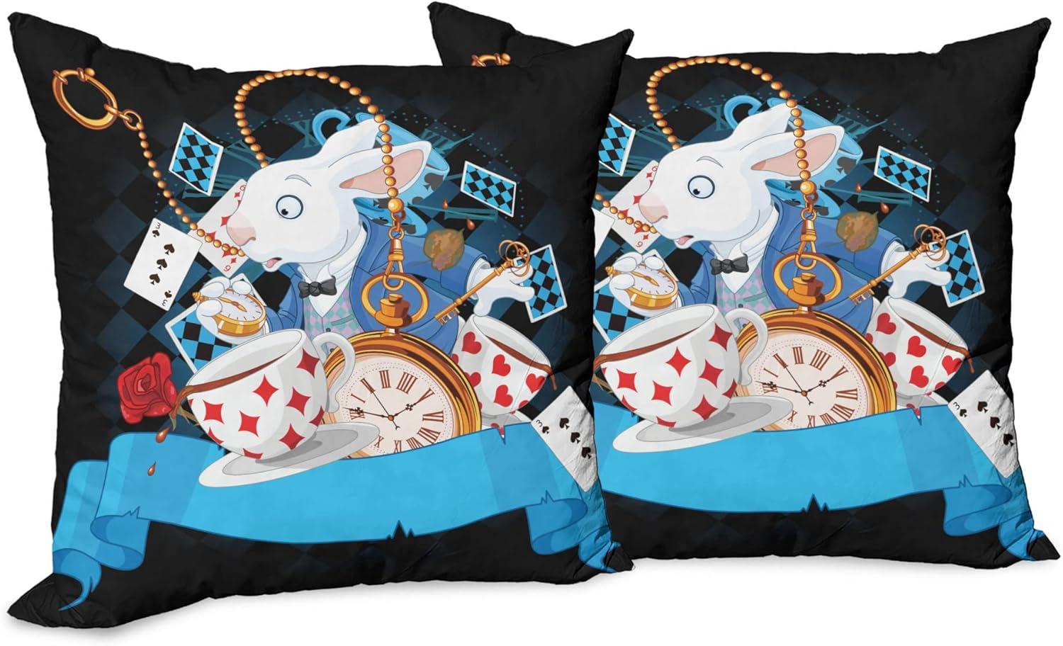 imageAmbesonne Alice in Wonderland Throw Pillow Cushion Cover Pack of 2 Rabbit Motion Cups Hearts and Flower Character Alice Cartoon Style Zippered DoubleSide Digital Print Decor 18 Black BlueBlack Blue