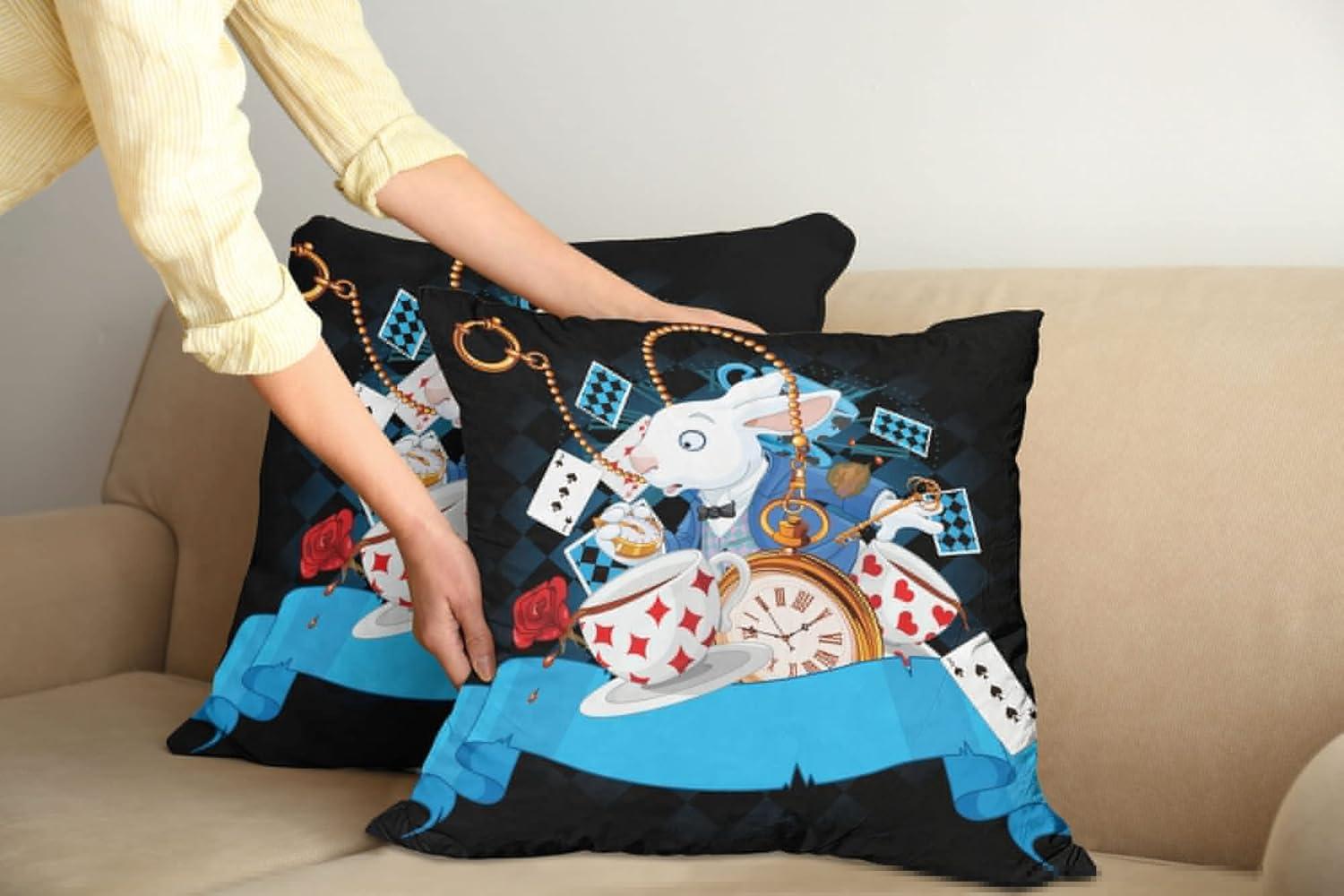 imageAmbesonne Alice in Wonderland Throw Pillow Cushion Cover Pack of 2 Rabbit Motion Cups Hearts and Flower Character Alice Cartoon Style Zippered DoubleSide Digital Print Decor 18 Black BlueBlack Blue