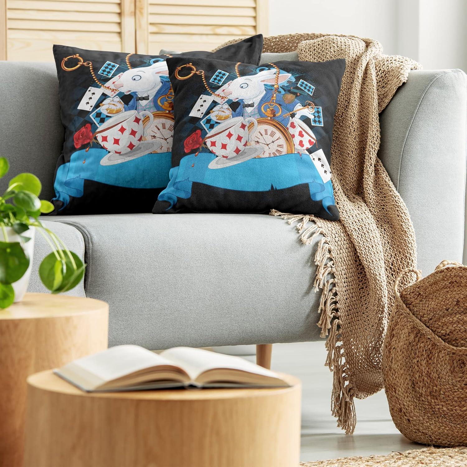 imageAmbesonne Alice in Wonderland Throw Pillow Cushion Cover Pack of 2 Rabbit Motion Cups Hearts and Flower Character Alice Cartoon Style Zippered DoubleSide Digital Print Decor 18 Black BlueBlack Blue