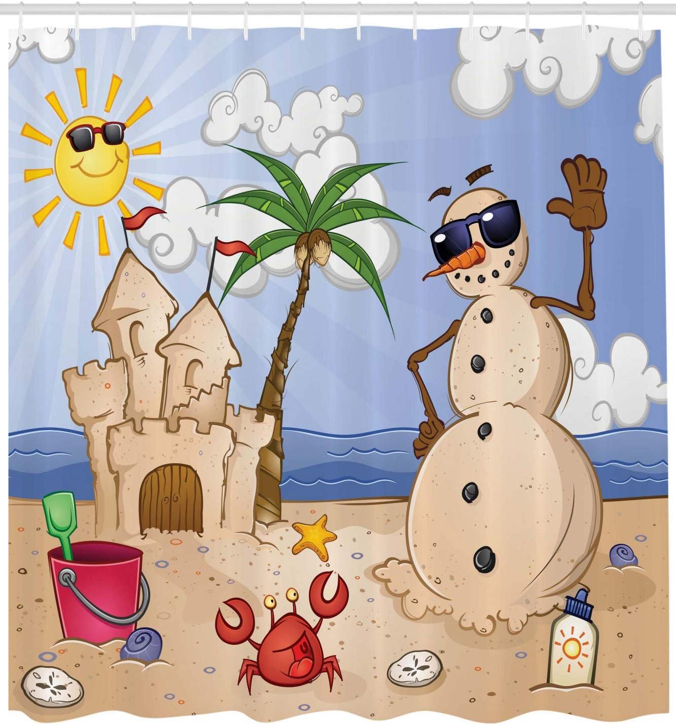 imageAmbesonne Cartoon Shower Curtain Sand Snowman Castle Crab Seashell on Tropical Beach Enjoying Sun Cartoon Print Cloth Fabric Bathroom Decor Set with Hooks 69 W x 75 L Sand Green69W x 70L Pack of 1