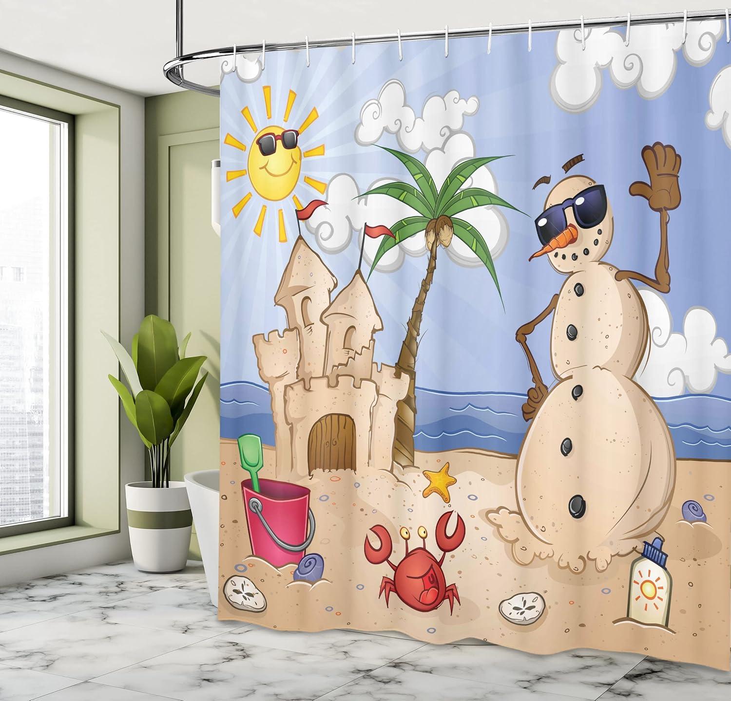imageAmbesonne Cartoon Shower Curtain Sand Snowman Castle Crab Seashell on Tropical Beach Enjoying Sun Cartoon Print Cloth Fabric Bathroom Decor Set with Hooks 69 W x 75 L Sand Green69W x 70L Pack of 1
