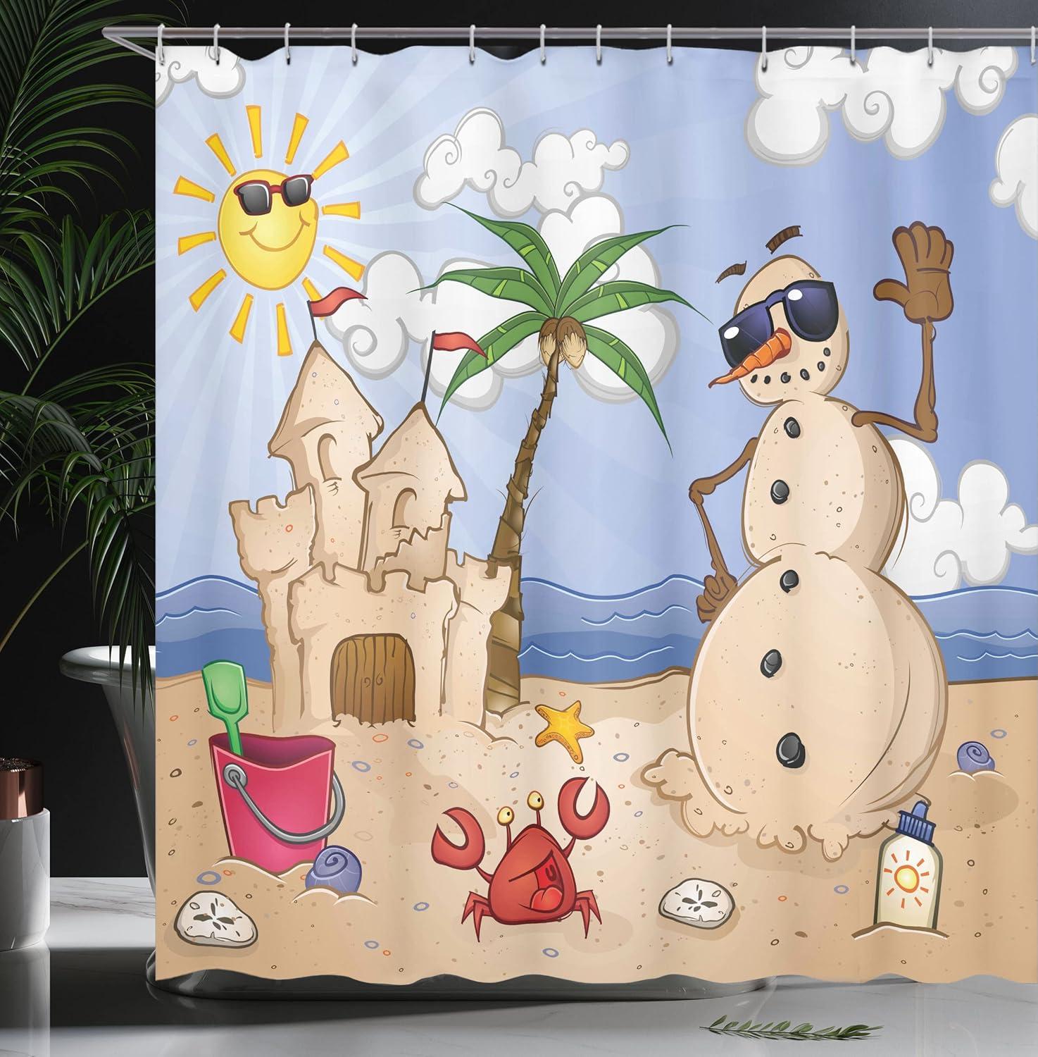 imageAmbesonne Cartoon Shower Curtain Sand Snowman Castle Crab Seashell on Tropical Beach Enjoying Sun Cartoon Print Cloth Fabric Bathroom Decor Set with Hooks 69 W x 75 L Sand Green69W x 75L Pack of 1