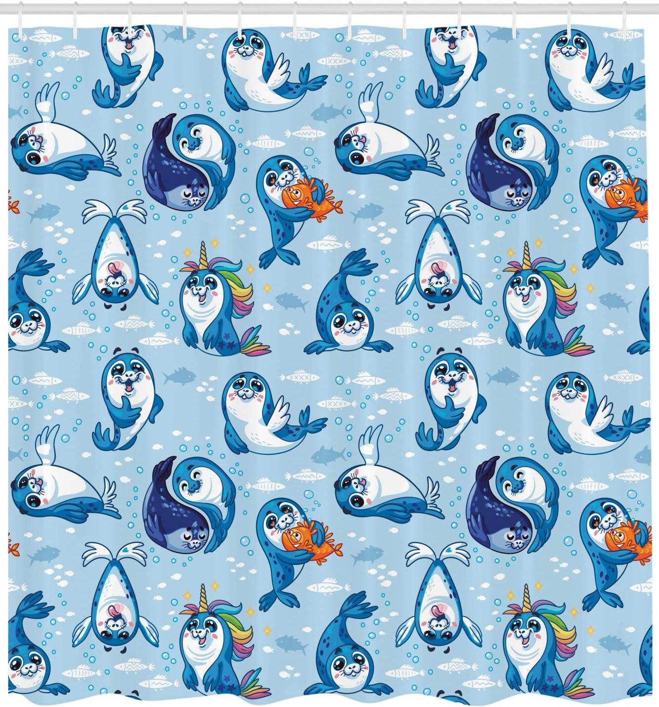 imageAmbesonne Duck Shower Curtain Cartoon Character Taking a Bath Colorful Drops Backdrop Dots Cloth Fabric Bathroom Decor Set with Hooks 69 W x 84 L Soft Blue Sky Blue YellowBlue White Marigold