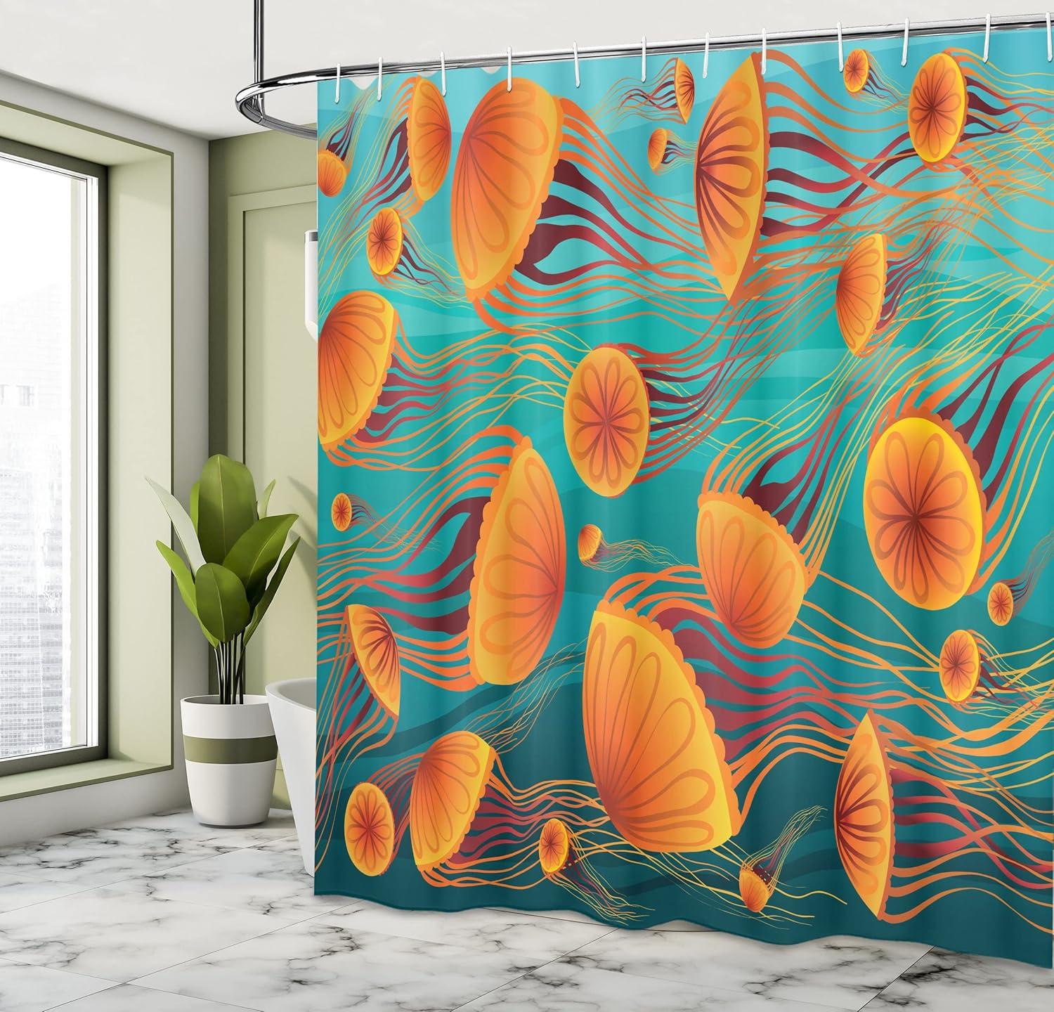 imageAmbesonne Duck Shower Curtain Cartoon Character Taking a Bath Colorful Drops Backdrop Dots Cloth Fabric Bathroom Decor Set with Hooks 69 W x 84 L Soft Blue Sky Blue YellowTeal and Multicolor