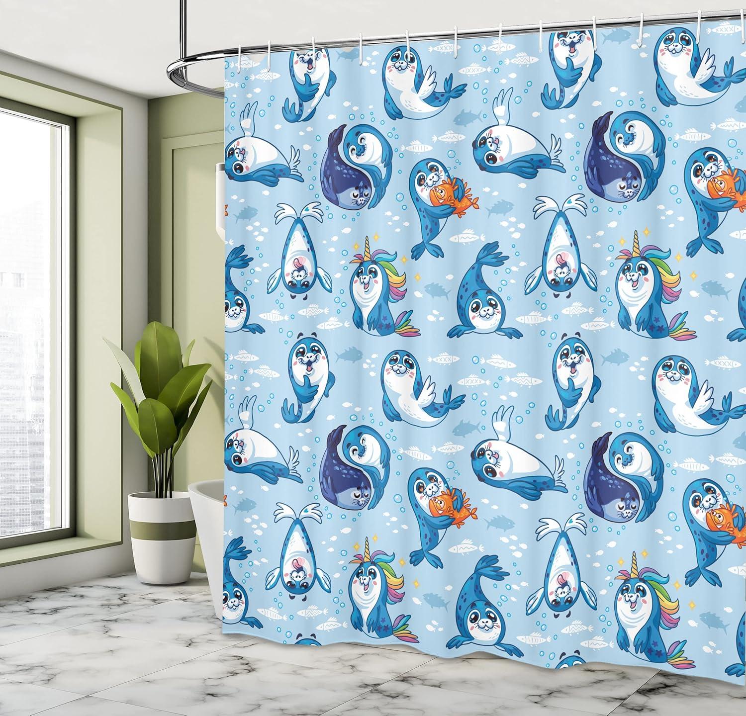 imageAmbesonne Duck Shower Curtain Cartoon Character Taking a Bath Colorful Drops Backdrop Dots Cloth Fabric Bathroom Decor Set with Hooks 69 W x 84 L Soft Blue Sky Blue YellowBlue White Marigold