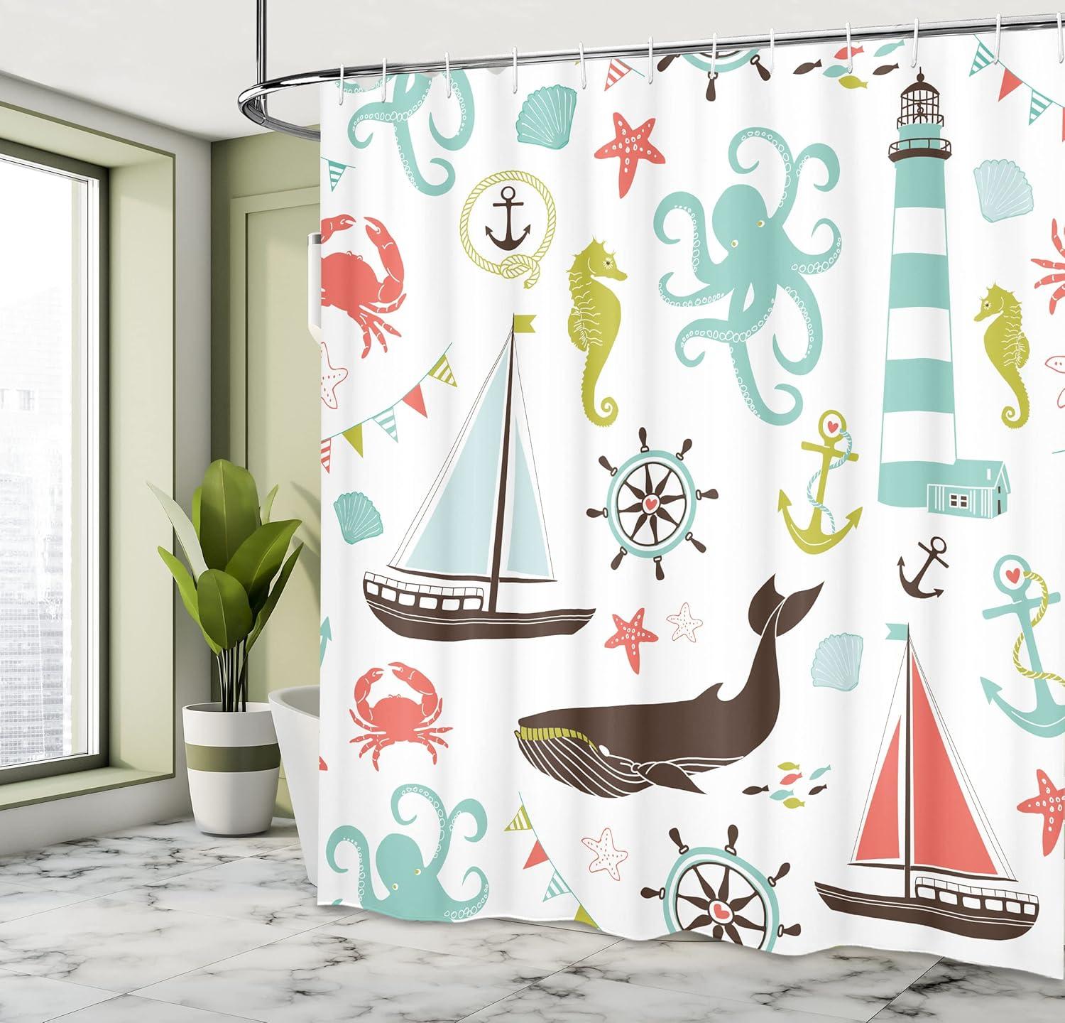 imageAmbesonne Duck Shower Curtain Cartoon Character Taking a Bath Colorful Drops Backdrop Dots Cloth Fabric Bathroom Decor Set with Hooks 69 W x 84 L Soft Blue Sky Blue YellowCoral Turquoise