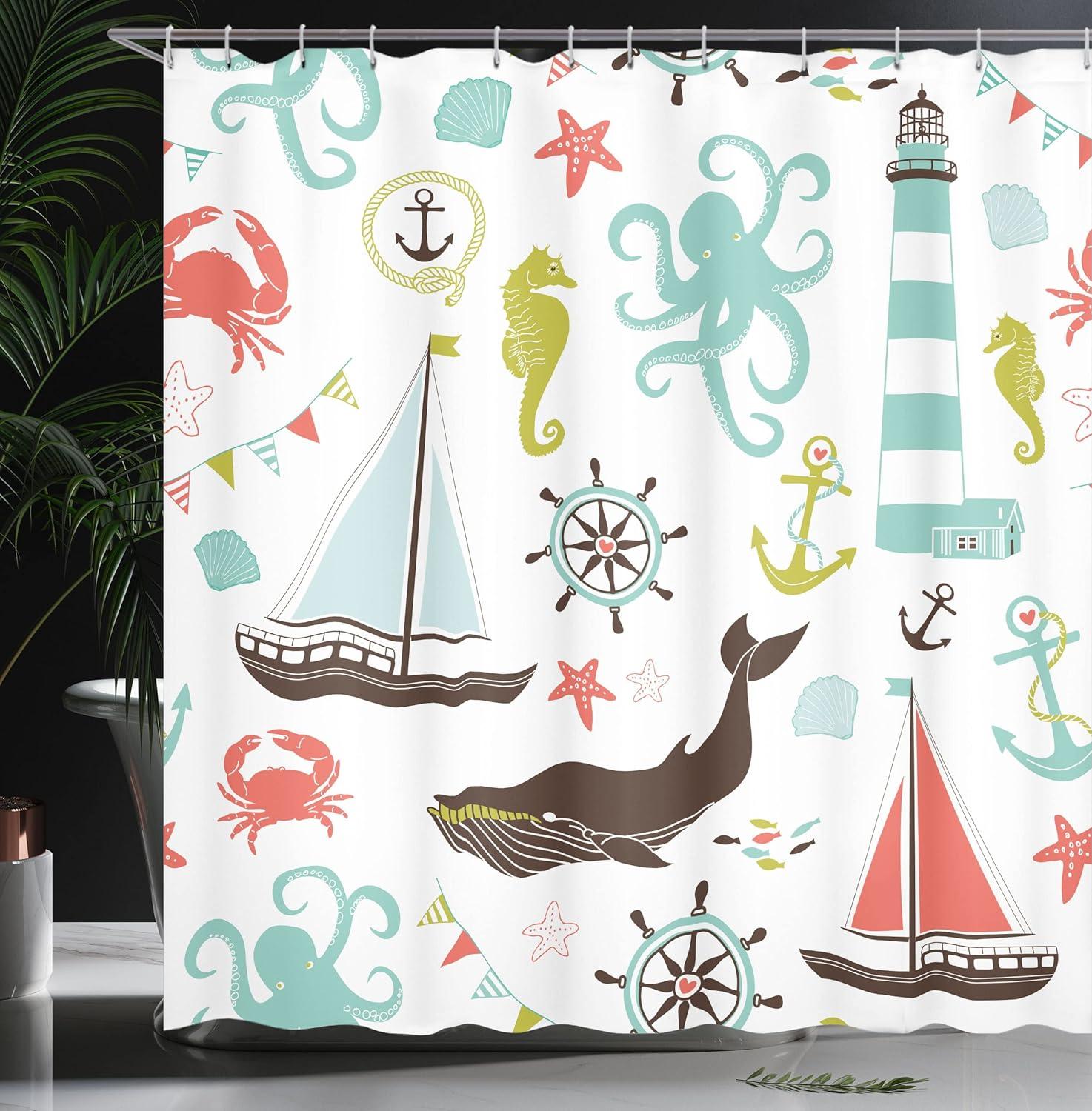 imageAmbesonne Duck Shower Curtain Cartoon Character Taking a Bath Colorful Drops Backdrop Dots Cloth Fabric Bathroom Decor Set with Hooks 69 W x 84 L Soft Blue Sky Blue YellowCoral Turquoise